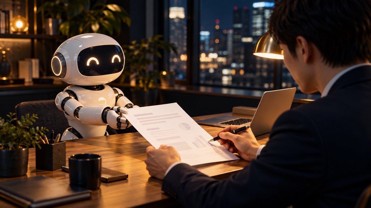 ロボットが下書きの書類を手渡し、人がペンを持って中身を確かめている様子（AIで作ったイメージ）